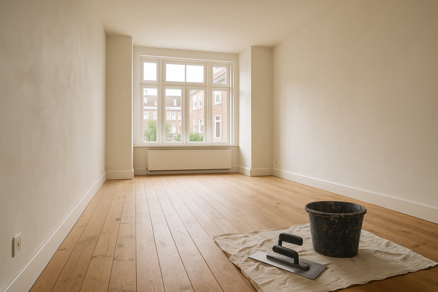 Lichte woonkamer in een Tilburgse jaren-30 woning met strak gestukadoorde wanden, houten vloer en stucgereedschap op een stofdoek.