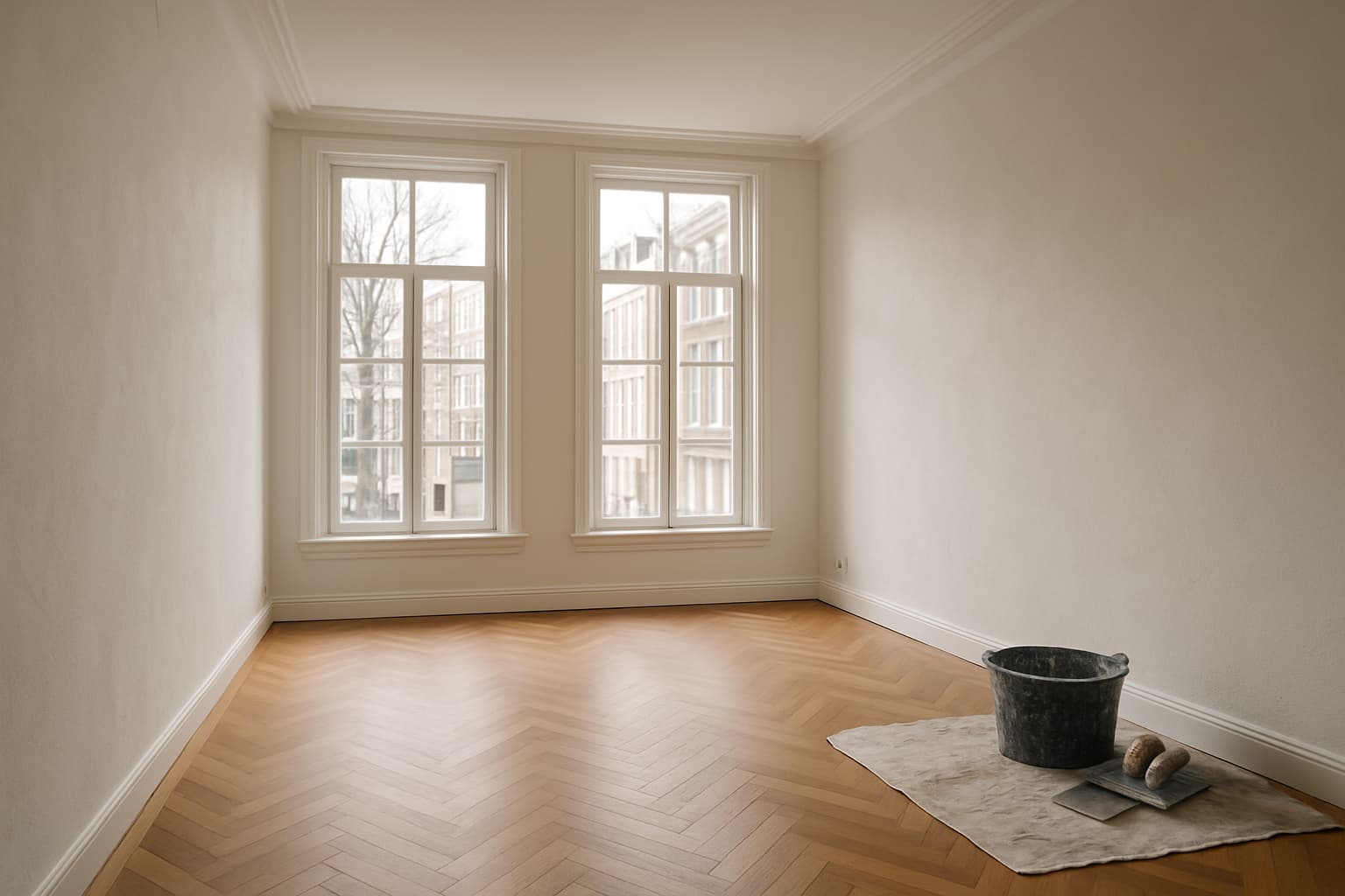 Lichte, lege woonkamer in een Utrechts grachtenpand met gladgestukte witte wanden, hoge ramen en stucgereedschap op een afdekzeil