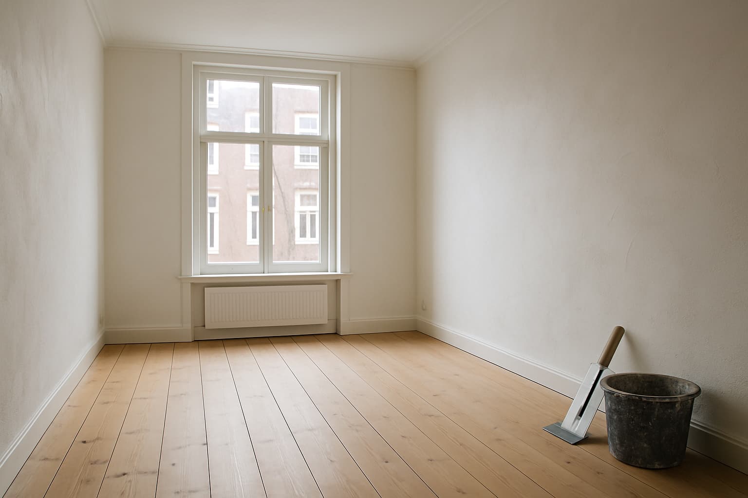 Lichte, lege woonkamer met strak gestucte witte wanden, houten vloer en een stucspaan met emmer bij de muur