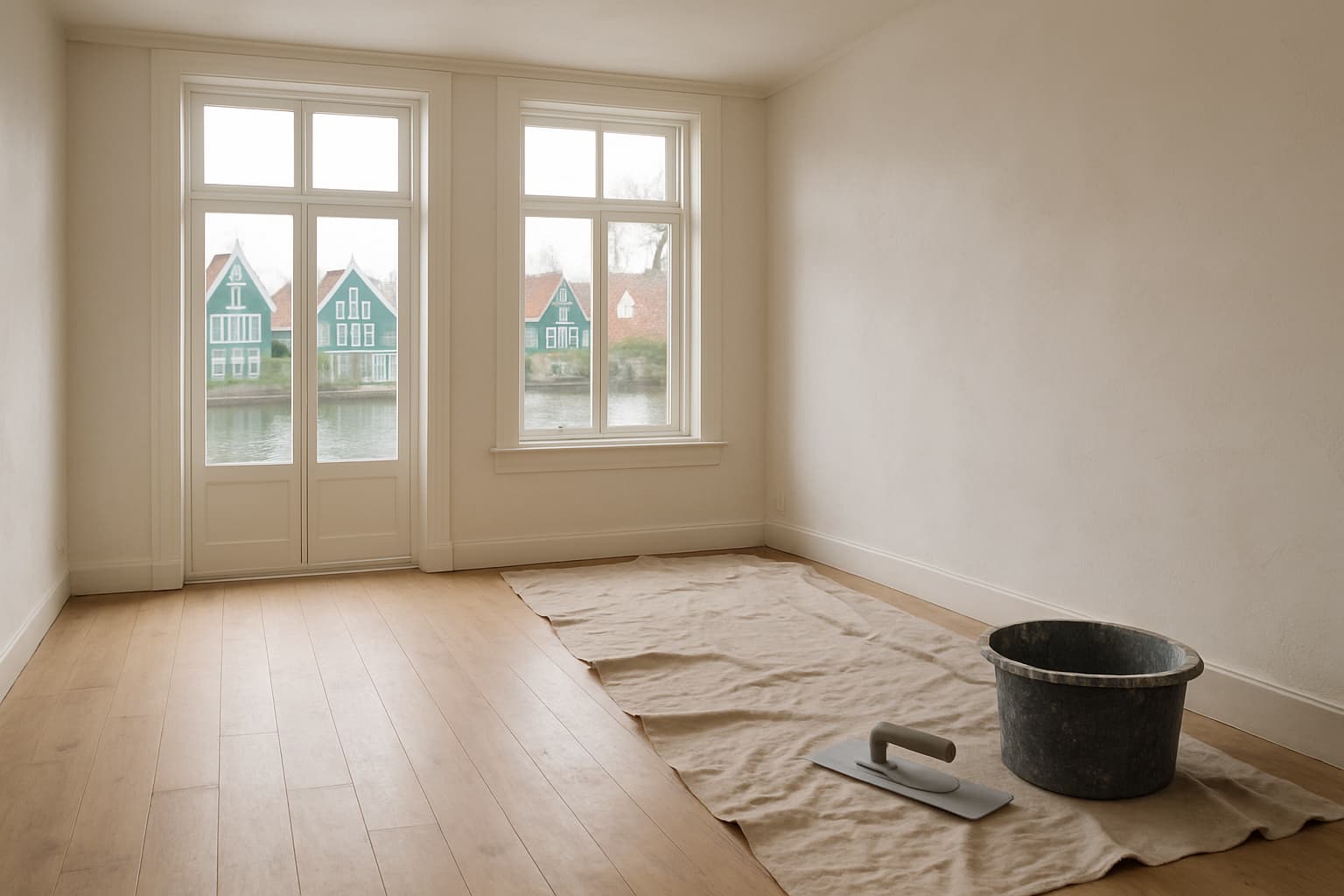 Lichte lege woonkamer in Zaandam met versgestuukte gladde witte wanden, stucgereedschap op de vloer en uitzicht op typisch Zaanse houten huizen