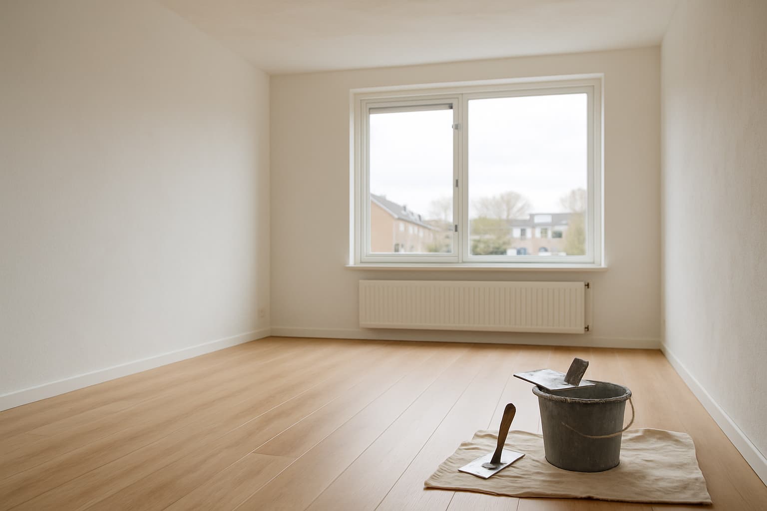 Lichte, lege woonkamer met strak gestukadoorde witte wanden en daglicht uit een groot raam, met een stucspaan en emmer stucmortel op een afdekzeil