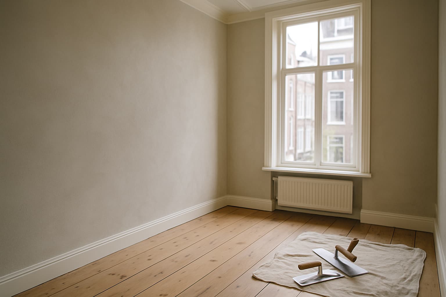 Lichte, lege kamer in een Zwolse woning met glad gestuukte wanden, daglicht door een hoog raam en stucgereedschap op een stofdoek in de hoek.
