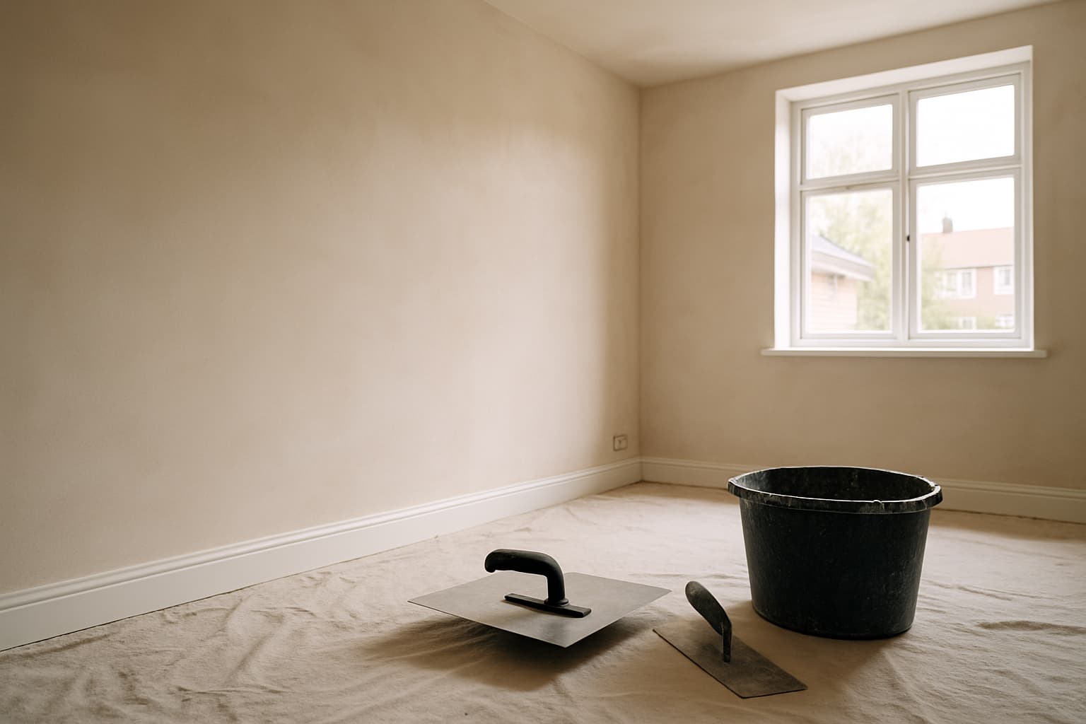 Lichte lege kamer met versgestuukte gladde wand en stukadoorsgereedschap zoals troffel en spackmes op een afdekzeil in de voorgrond